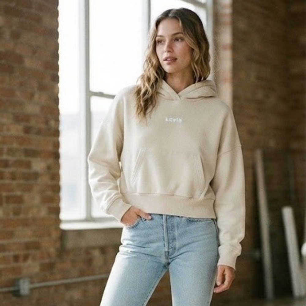 Levi's Cream Neutral Cropped Hoodie Sweatshirt Size L Dropped Shoulder